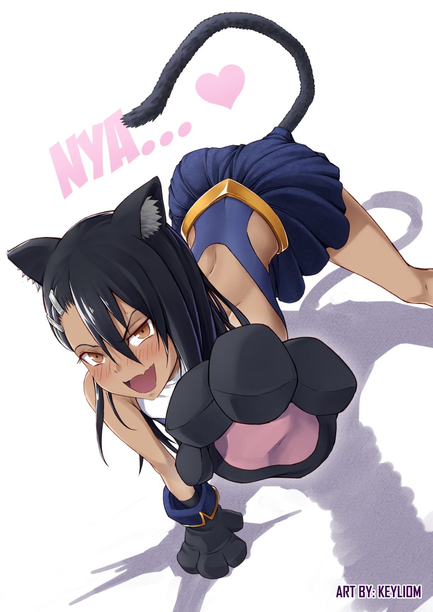 1girl :d all_fours animal_ear_fluff animal_ears artist_name bangs black_hair blue_skirt blush brown_eyes cat_ears cat_tail commentary dark_skin english_commentary gloves hair_between_eyes hair_ornament hairclip heart highres ijiranaide_nagatoro-san keyliom looking_at_viewer nagatoro open_mouth paw_gloves paws pleated_skirt skirt smile solo tail uneven_eyes v-shaped_eyebrows