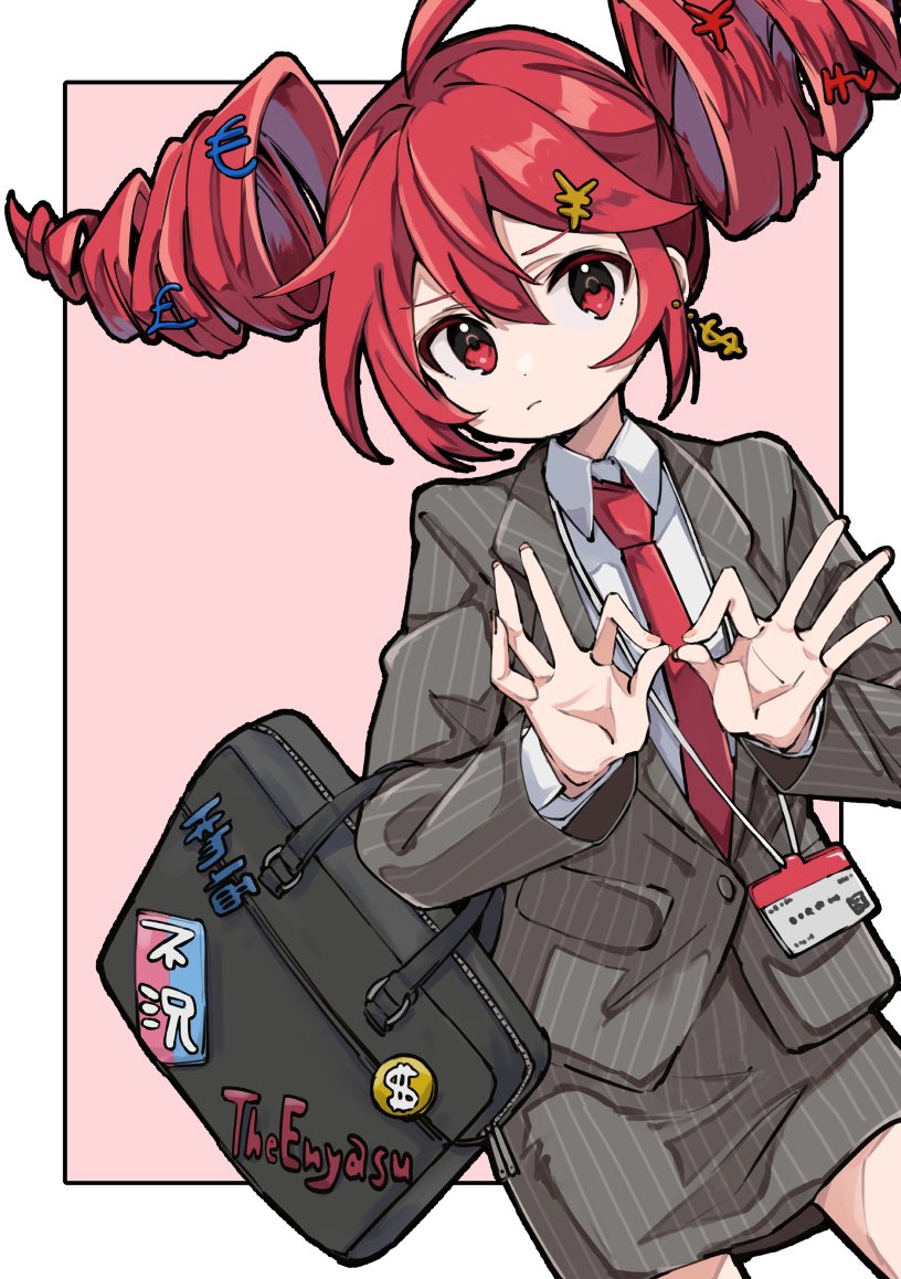 1girl 3774. ahoge bag border collared_shirt cowboy_shot dangle_earrings dollar_sign double_ok_sign drill_hair earrings euro_sign floating_hair frown furrowed_brow grey_jacket grey_skirt hands_up jacket jewelry kasane_teto lanyard lapels long_hair long_sleeves looking_at_viewer money_hair_ornament necktie outside_border own_hands_together pink_background pinstripe_jacket pinstripe_pattern pinstripe_skirt pound_sign red_eyes red_hair red_necktie shirt shoulder_bag skirt skirt_suit solo standing suit suit_jacket twin_drills utau white_border yen_sign