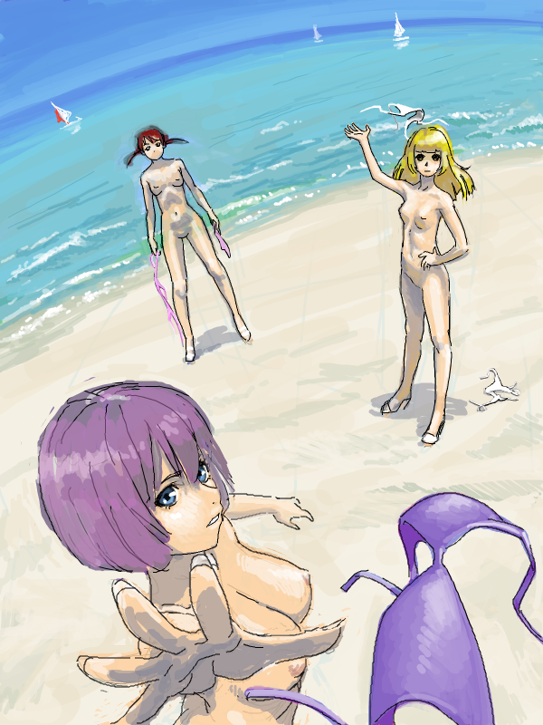 3girls bad_drawr_id bad_id beach bikini blonde_hair blue_eyes boat breasts character_request completely_nude copyright_request day fisheye francine_(daijaemon) from_above long_hair looking_at_viewer medium_breasts multiple_girls nipples nude nudist ocean oekaki outdoors parted_lips perspective pink_bikini purple_bikini purple_hair shore short_hair short_twintails sketch small_breasts standing swimsuit throwing twintails unworn_bikini water watercraft white_bikini white_footwear