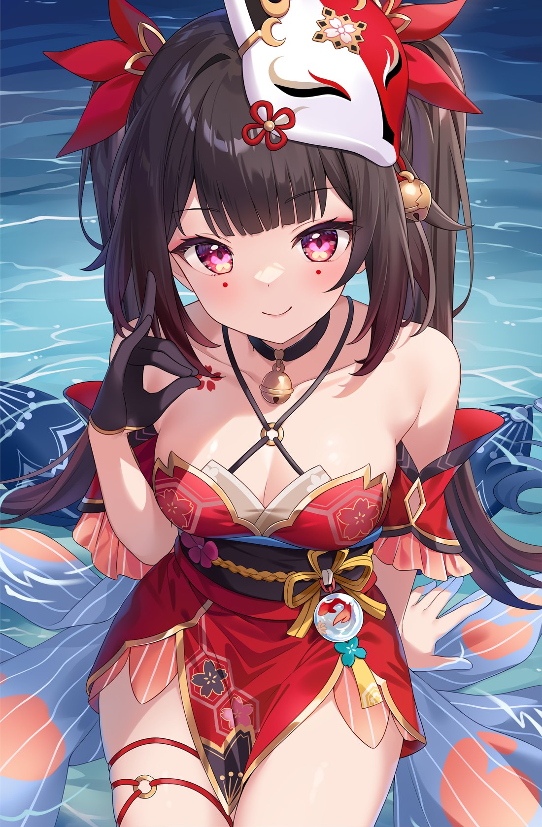 1girl bare_shoulders bell black_hair breasts choker cleavage collarbone detached_sleeves dress fox_mask gold_trim hair_ornament highres hitsukuya honkai:_star_rail honkai_(series) jingle_bell large_breasts long_hair looking_at_viewer mask mask_on_head neck_bell obi pelvic_curtain pink_eyes red_dress sash short_dress sitting smile solo sparkle_(honkai:_star_rail) thighs twintails water