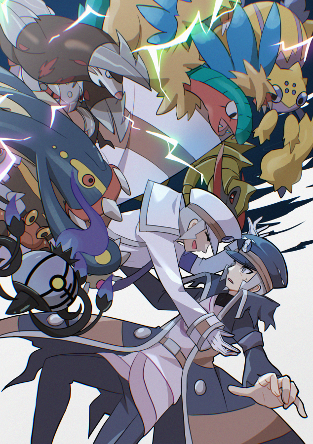 2boys archeops black_pants brothers chandelure coat commentary_request crustle eelektross emmet_(pokemon) excadrill galvantula gloves grey_hair hat haxorus high_collar ingo_(pokemon) long_sleeves male_focus mizuiro123 multiple_boys open_clothes open_coat open_mouth pants pearl_clan_outfit pokemon pokemon_(creature) pokemon_bw pokemon_legends:_arceus short_hair siblings sideburns striped_coat torn_clothes torn_coat white_coat white_gloves white_hat