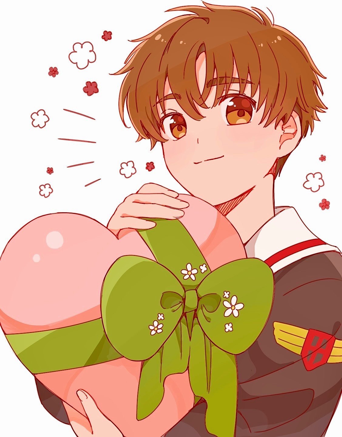 1boy box brown_eyes brown_hair cardcaptor_sakura child closed_mouth gift gift_box hanam_000 heart heart-shaped_box highres holding li_syaoran looking_at_viewer male_focus school_uniform short_hair simple_background smile solo upper_body white_background