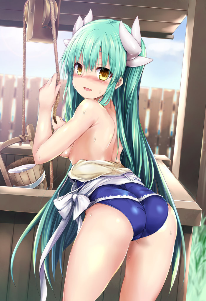 1girl ass back blue_one-piece_swimsuit blush breasts breasts_out bucket dragon_girl dragon_horns fate/grand_order fate_(series) green_hair horns kiyohime_(fate) kiyohime_(swimsuit_lancer)_(fate) kiyohime_(swimsuit_lancer)_(second_ascension)_(fate) long_hair looking_at_viewer looking_back medium_breasts multiple_horns off_shoulder one-piece_swimsuit open_mouth rope sen_(astronomy) smile solo swimsuit thighs well wooden_bucket yellow_eyes