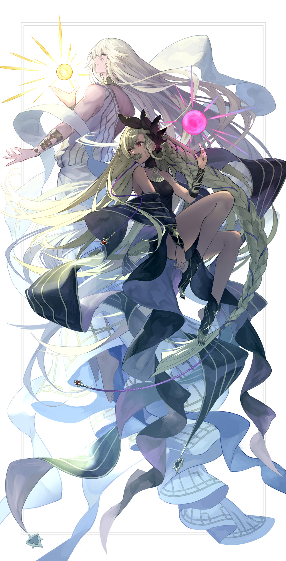 absurdly_long_hair black_dress blonde_hair braid dark-skinned_female dark_skin dress granblue_fantasy helel_ben_shalem highres long_braid long_hair long_toenails lucio_(granblue_fantasy) osamu_(jagabata) pacifier sharp_toenails sleeveless toenails very_long_hair white_dress white_hair