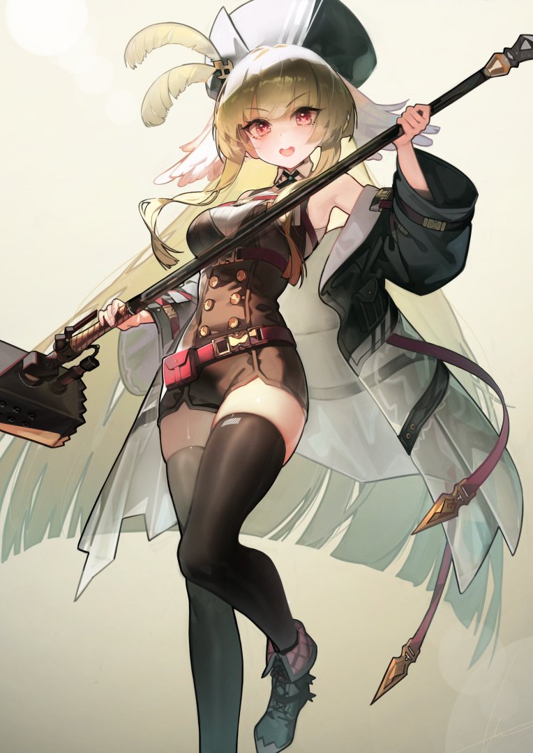 1girl :d arknights bird_girl black_corset black_hat black_jacket black_thighhighs blush buttons corset double-breasted foot_out_of_frame green_hair hammer hat_feather head_wings holding holding_hammer jacket knee_up long_bangs long_hair long_sleeves looking_at_viewer off_shoulder open_clothes open_jacket open_mouth poncirus_(arknights) red_eyes ribiadan shirt sleeveless sleeveless_shirt smile solo thighhighs v-shaped_eyebrows very_long_hair white_shirt wings zettai_ryouiki