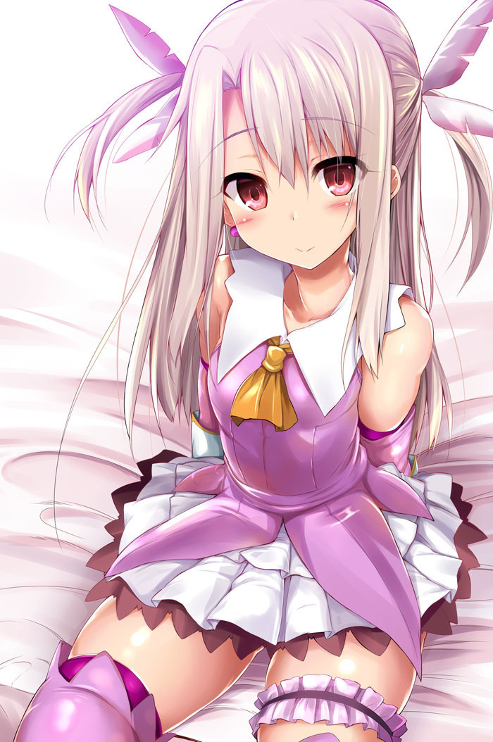 1girl ascot bare_shoulders blush boots breasts bridal_garter cape dress elbow_gloves fate/kaleid_liner_prisma_illya fate_(series) feather_hair_ornament feathers gloves hair_ornament illyasviel_von_einzbern layered_gloves long_hair looking_at_viewer pink_dress pink_footwear pink_gloves prisma_illya red_eyes sen_(astronomy) sidelocks sitting skirt small_breasts smile solo thigh_boots two_side_up white_cape white_gloves white_hair white_skirt