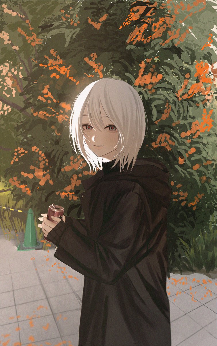 1girl black_coat can closed_mouth coat cowboy_shot day flower foliage from_side grey_eyes half-closed_eyes highres holding holding_can hood hood_down long_sleeves looking_at_viewer looking_to_the_side orange_flower original outdoors own_hands_together red_pupils riroi_(rntr_ll) sidelighting smile solo standing traffic_cone white_hair
