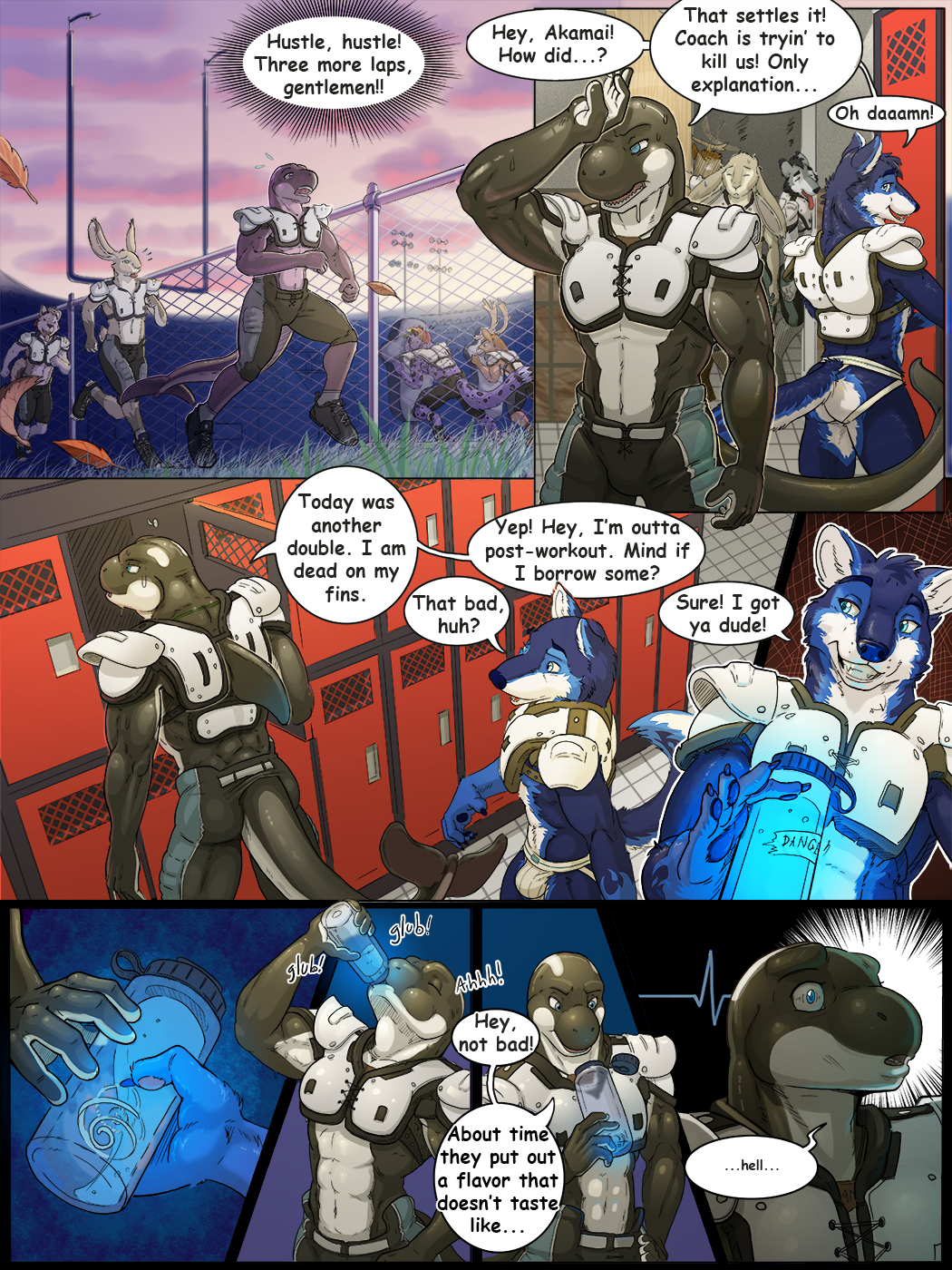 2024 3:4 5_fingers anthro athletic athletic_anthro athletic_male biped black_body black_text blue_body blue_fur bodily_fluids bulge butt canid canine canis cetacean colored comic dialogue dialogue_box dolphin dragoncrescent drinking duo fingers fur hi_res locker_room male mammal marine oceanic_dolphin orca speech_bubble sweat text toothed_whale wolf