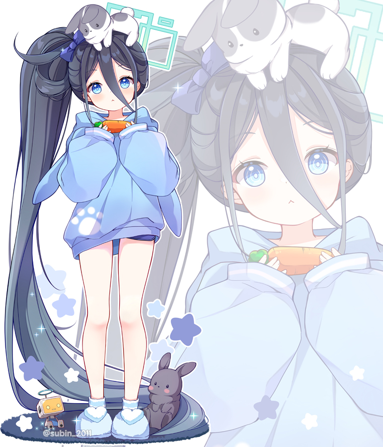 &lt;key&gt;_(robot)_(blue_archive) 1girl absurdly_long_hair animal animal_ears animal_on_head aris_(blue_archive) black_hair blue_archive blue_eyes blue_footwear blue_hoodie blush closed_mouth green_halo halo hood hood_down hoodie long_hair long_sleeves on_head rabbit_ears slippers solo subin_(subin_2011) twitter_username very_long_hair zoom_layer