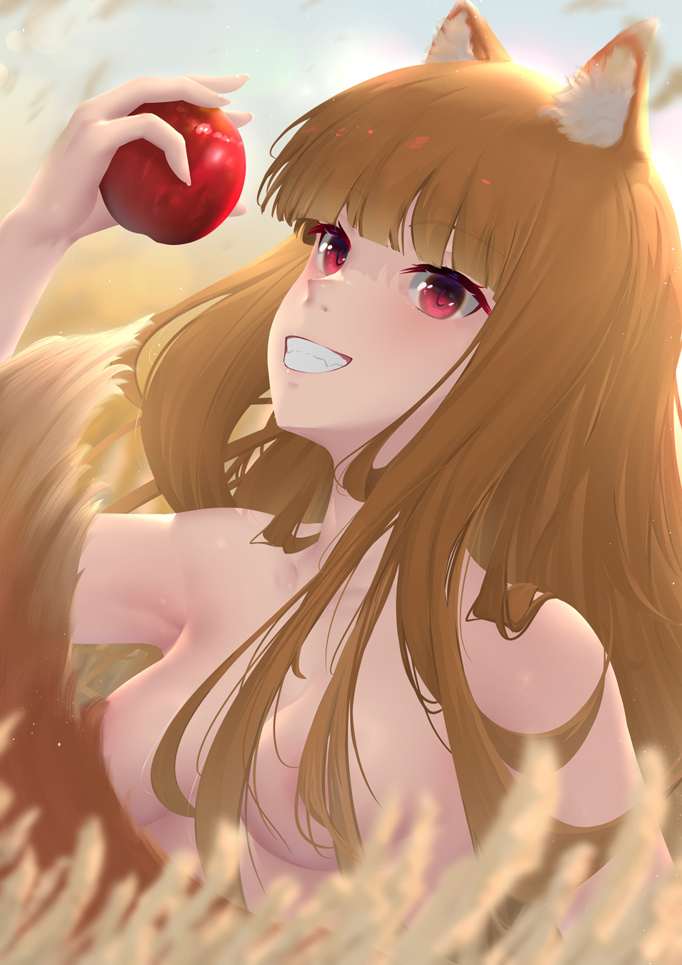 1girl animal_ear_fluff animal_ears apple blush breasts brown_hair completely_nude covered_nipples dot_nose food fruit hair_over_shoulder happy highres holding holding_food holding_fruit holo light_brown_hair long_hair looking_at_viewer medium_breasts newovermind nude open_mouth outdoors red_eyes smile solo spice_and_wolf straight_hair tail teeth very_long_hair wheat wheat_field wolf_ears wolf_girl wolf_tail