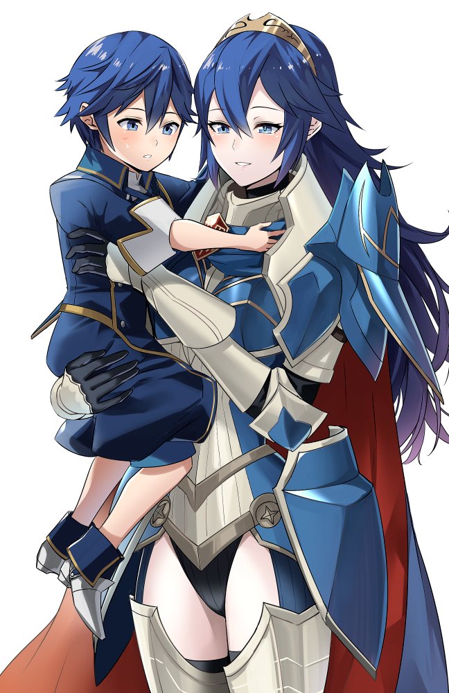 1boy 1girl aged_down ameno_(a_meno0) armor black_gloves black_panties blue_armor blue_cape blue_eyes blue_hair blue_shirt blue_shorts blush breastplate cape child chrom_(child)_(fire_emblem) chrom_(fire_emblem) commentary_request father_and_daughter fire_emblem fire_emblem_awakening fire_emblem_heroes gauntlets gloves hair_between_eyes long_hair lucina_(fate's_resolve)_(fire_emblem) lucina_(fire_emblem) official_alternate_costume panties pauldrons plackart red_cape shirt short_hair shorts shoulder_armor simple_background tiara two-tone_cape underwear white_background