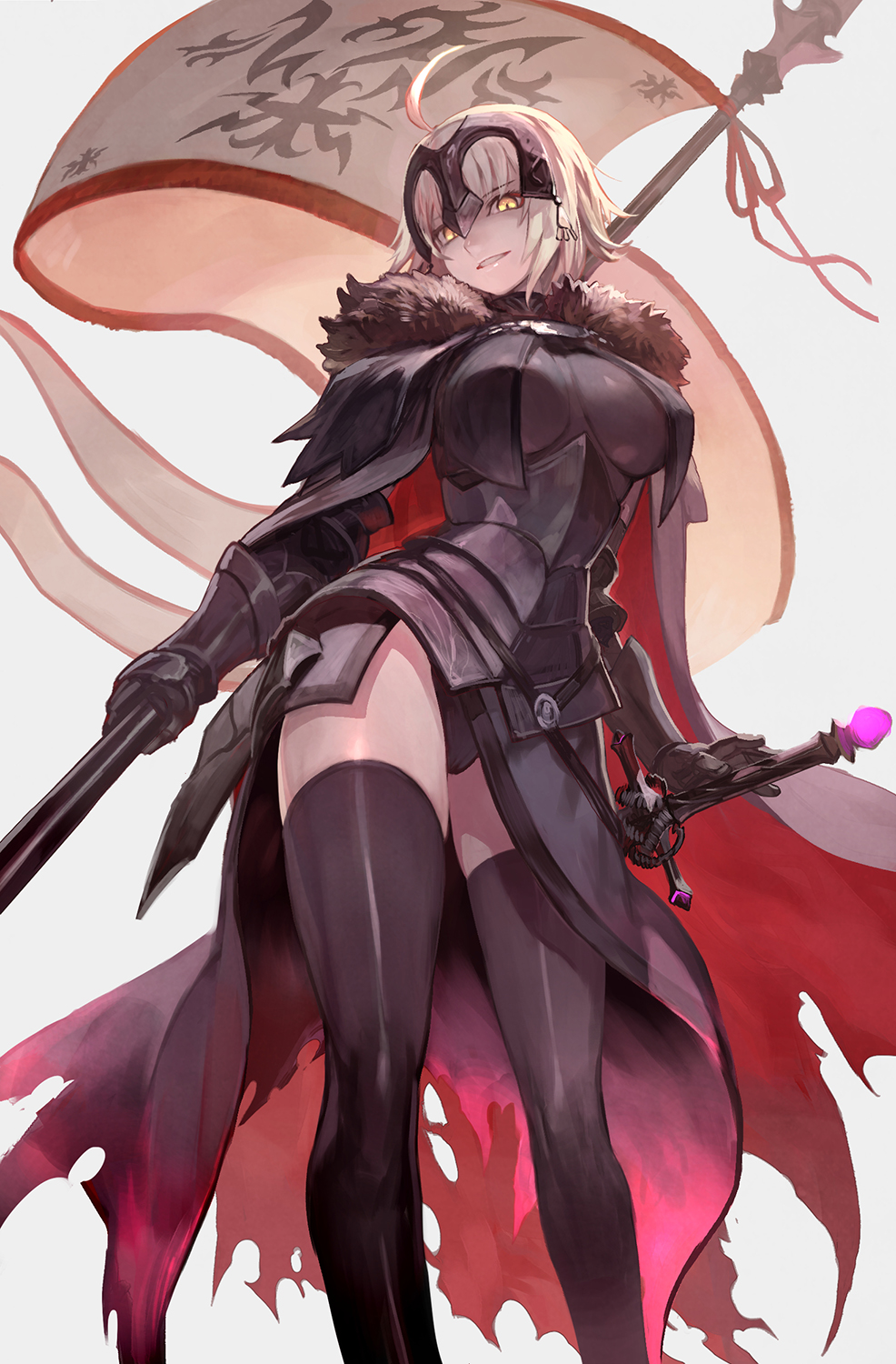 1girl ahoge armor armored_dress black_panties black_thighhighs breasts duplicate fate/grand_order fate_(series) headpiece highres jeanne_d'arc_alter_(avenger)_(fate) jeanne_d'arc_alter_(fate) lack panties polearm spear standing thighhighs underwear weapon white_hair yellow_eyes