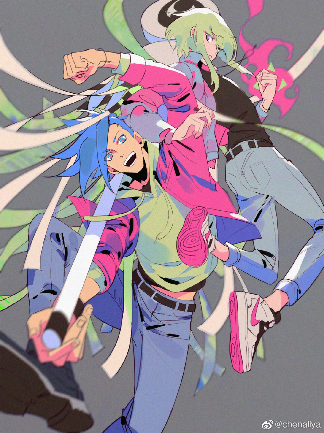 2boys belt blue_eyes blue_hair casual chenalii chinese_commentary clenched_hand commentary_request denim fire fist_pump galo_thymos highres hood hoodie jacket jeans lio_fotia locked_arms looking_at_viewer male_focus matoi multiple_boys open_mouth pants promare purple_eyes shoes short_hair smile sneakers spiked_hair watermark weibo_logo weibo_username