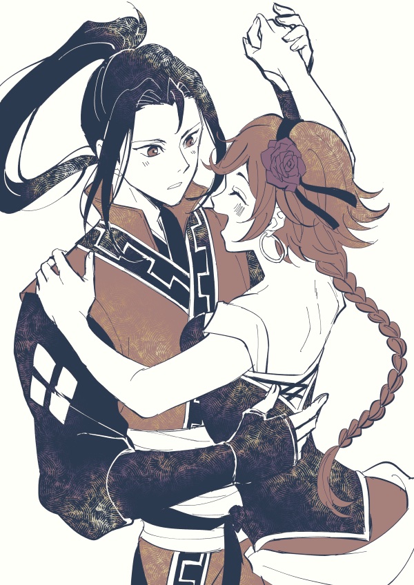 1boy 1girl ^_^ agnea_bristarni black_hair braid braided_ponytail brown_eyes closed_eyes dancing hair_intakes high_ponytail hikari_ku long_hair octopath_traveler octopath_traveler_ii open_mouth osgt_pic parted_lips simple_background smile white_background