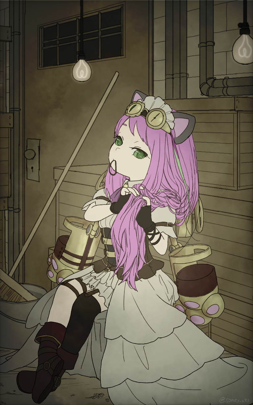 1girl animal_ears braiding_hair bridal_garter cat_ears cat_tail corset goggles goggles_on_headwear green_eyes hairdressing hashimoto_nyaa highres light_bulb maid_headdress mouth_hold osomatsu-san osomatsu-san:_hesokuri_wars pink_hair sitting steampunk tail user_pwza2477 victorian