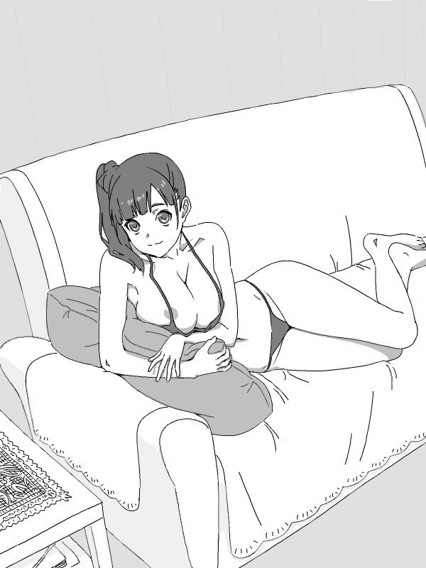 1girl bad_drawr_id bad_id barefoot bikini breasts character_request cleavage closed_mouth copyright_request couch francine_(daijaemon) greyscale lace large_breasts looking_at_viewer lying monochrome navel oekaki on_side pillow side_ponytail smile solo swimsuit table