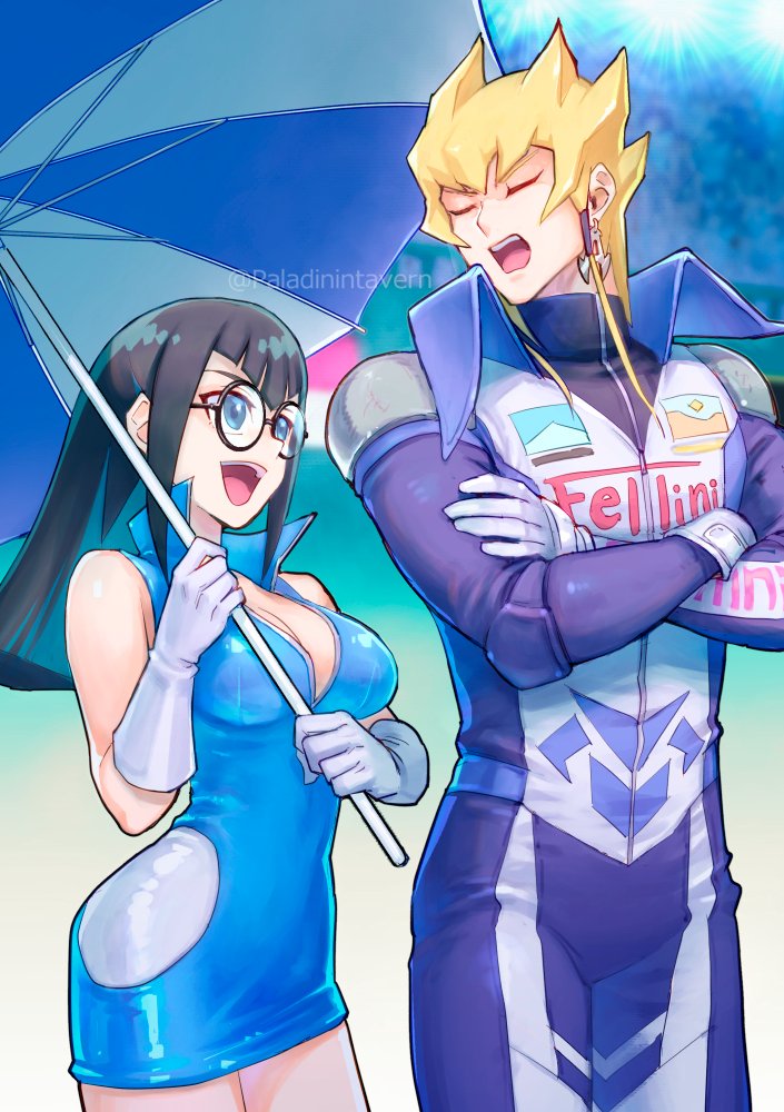 1boy 1girl bare_shoulders black_hair blonde_hair blue_dress blue_eyes breasts carly_nagisa cleavage closed_eyes crossed_arms dress earrings glasses gloves holding holding_umbrella izapara jack_atlas jewelry long_sleeves looking_at_another open_mouth racing_suit round_eyewear sleeveless sleeveless_dress teeth twitter_username umbrella upper_teeth_only white_gloves yu-gi-oh! yu-gi-oh!_5d's
