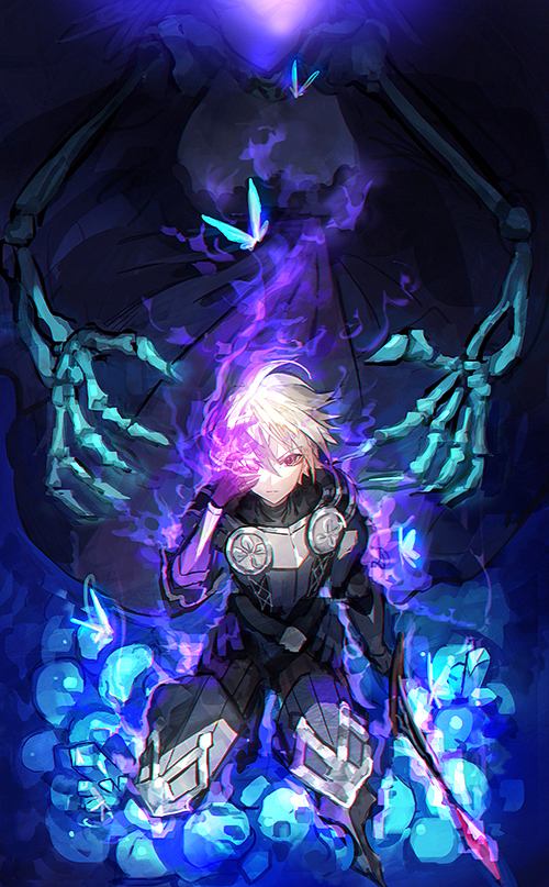 1boy 1girl armor blue_butterfly breastplate bug butterfly commentary dark_background kneeling looking_at_viewer male_focus mura_karuki odette_(odin_sphere) odin_sphere oswald_(odin_sphere) pile_of_skulls serious short_hair skeletal_hand solo_focus white_hair