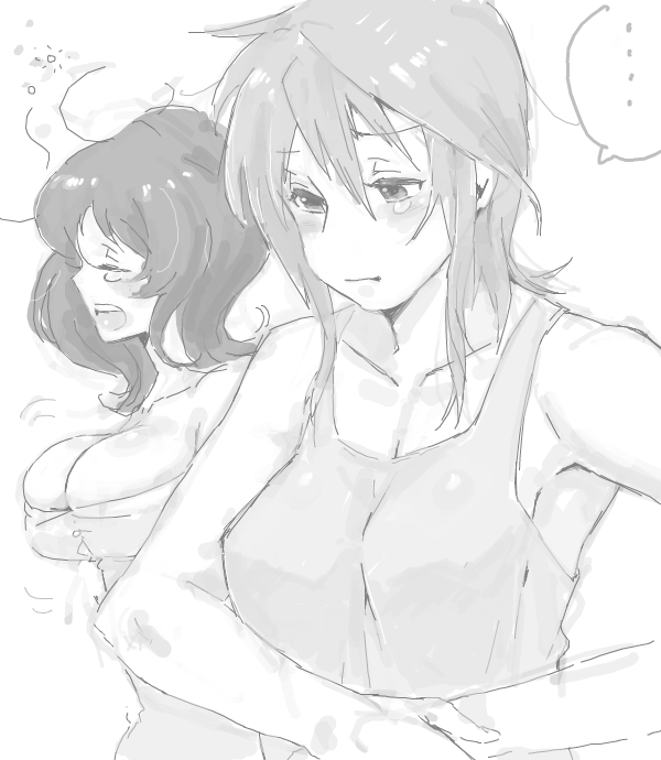 ... 2girls bad_drawr_id bad_id bare_arms blush breast_envy breasts bursting_breasts character_request cleavage closed_eyes collarbone copyright_request greyscale hand_on_own_stomach large_breasts medium_breasts monochrome multiple_girls oekaki open_mouth pego_(peco_peco) short_hair sleepy spoken_ellipsis squeans tank_top tears upper_body yawning