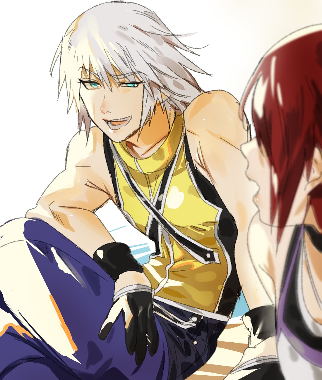 1boy 1girl black_gloves blue_eyes gloves grey_hair highres jewelry kairi_(kingdom_hearts) kingdom_hearts kingdom_hearts_i necklace open_mouth red_hair riku_(kingdom_hearts) short_hair simple_background sleeveless smile talesofmikuro white_background white_hair