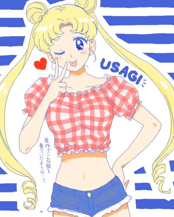 1girl ;p bad_drawr_id bad_id bishoujo_senshi_sailor_moon blonde_hair blue_background blue_eyes blue_shorts blush breasts casual cowboy_shot crop_top denim denim_shorts double_bun earrings hair_bun hand_on_own_hip heart ietan jewelry long_hair looking_at_viewer medium_breasts midriff navel oekaki one_eye_closed plaid plaid_shirt shirt short_shorts short_sleeves shorts smile solo striped_background tongue tongue_out tsukino_usagi twintails two-tone_background v white_background