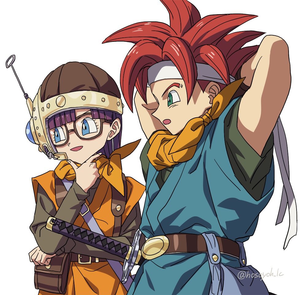 1boy 1girl antennae arms_behind_head belt blue_eyes blue_tunic blunt_bangs blunt_ends brown_belt chrono_trigger crono_(chrono_trigger) glasses grey_shirt headband headset helmet hosodayo katana long_sleeves looking_to_the_side lucca_ashtear neckerchief open_mouth orange_neckerchief orange_tunic purple_hair red_hair shirt short_hair short_sleeves smile spiked_hair sword talking twitter_username upper_body weapon white_background white_headband