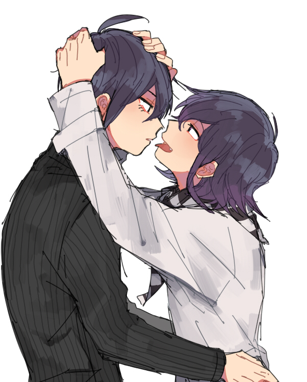2boys ahoge black_hair checkered_clothes checkered_scarf commentary_request danganronpa_(series) danganronpa_v3:_killing_harmony eyelashes flipped_hair from_side hair_between_eyes hands_on_another's_head hands_on_another's_waist jacket long_sleeves looking_at_another male_focus multiple_boys oma_kokichi open_mouth pinstripe_jacket pinstripe_pattern purple_eyes purple_hair saihara_shuichi scarf short_hair smile striped_clothes striped_jacket tongue tongue_out torapippi upper_body vertical-striped_clothes white_background yaoi