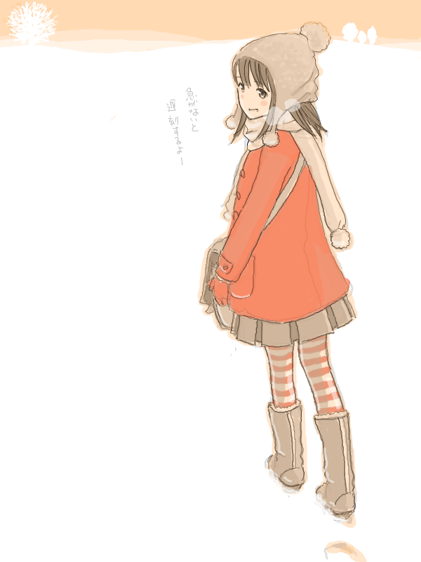 1girl bad_drawr_id bad_id bag beanie blush_stickers boots breath brown_eyes brown_hair character_request coat copyright_request footprints hat kokudou_juunigou long_hair looking_at_viewer looking_back mittens oekaki open_mouth pantyhose pom_pom_(clothes) pom_pom_beanie red_coat red_mittens scarf skirt smile snow solo striped_clothes striped_pantyhose translation_request tree winter winter_clothes