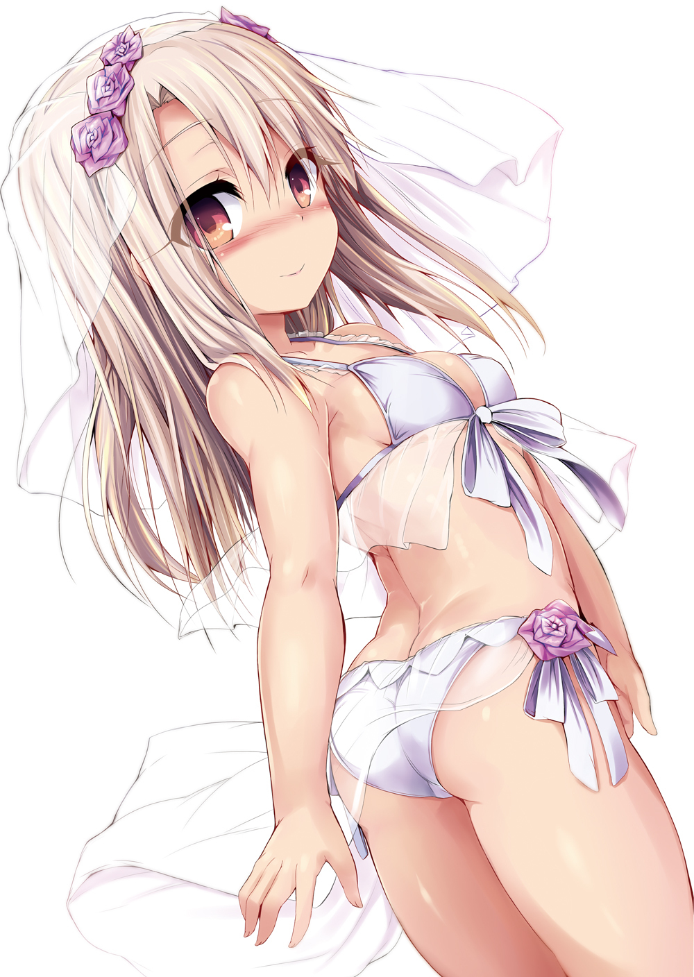 1girl ass bare_shoulders bikini blush breasts bridal_veil fate/kaleid_liner_prisma_illya fate_(series) flower hair_flower hair_ornament highres illyasviel_von_einzbern long_hair looking_at_viewer looking_back red_eyes sarong sen_(astronomy) sidelocks small_breasts smile solo swimsuit thighs veil white_bikini white_hair