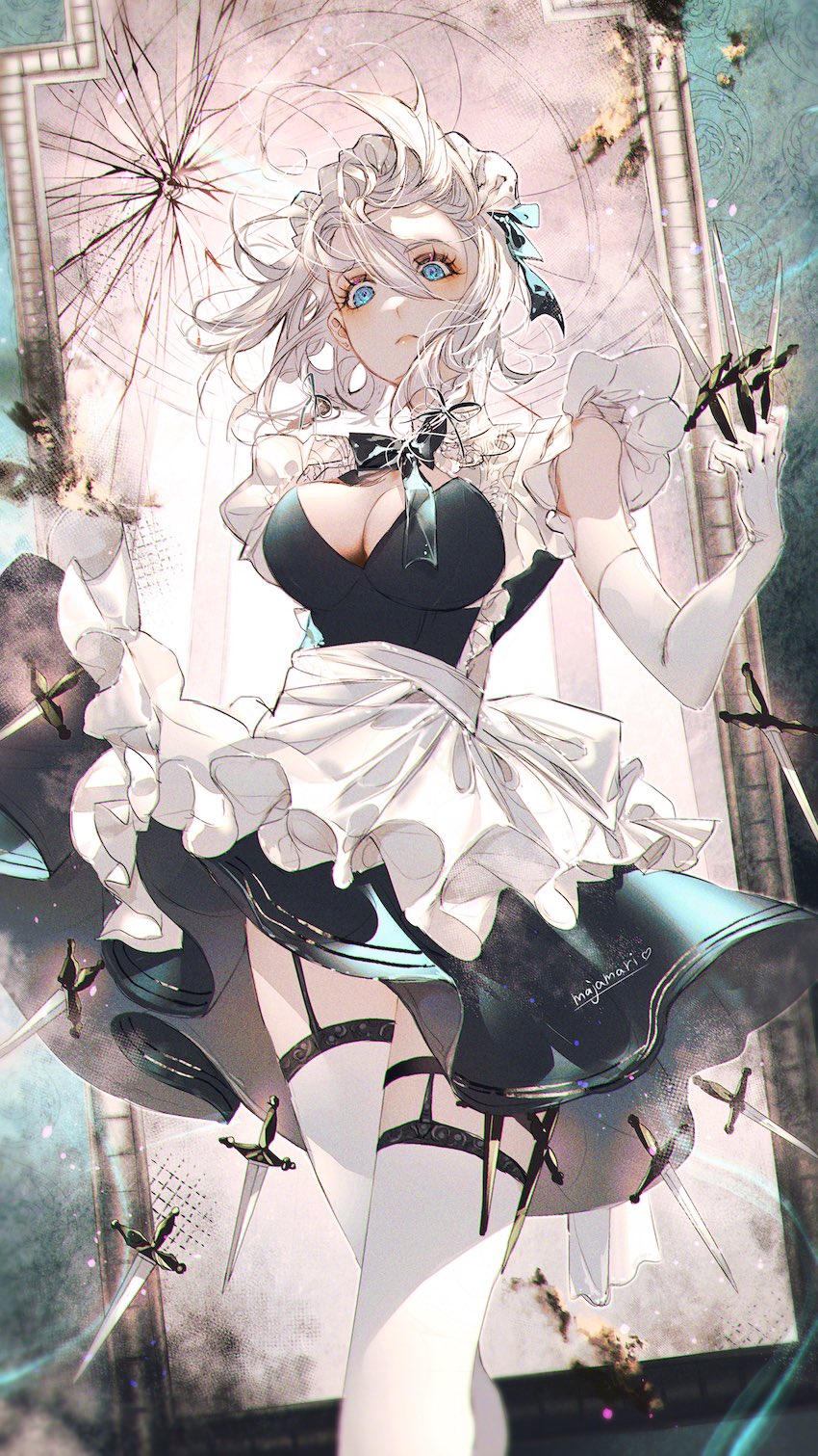 1girl apron artist_name black_bow black_dress blue_eyes bow breasts cleavage cleavage_cutout clothing_cutout dagger dress elbow_gloves floating floating_object floating_weapon garter_straps gloves hair_between_eyes highres holding holding_dagger holding_knife holding_weapon izayoi_sakuya knife maid maid_headdress majamari medium_hair mirror signature solo staring thighhighs touhou waist_apron weapon white_apron white_gloves white_hair white_thighhighs