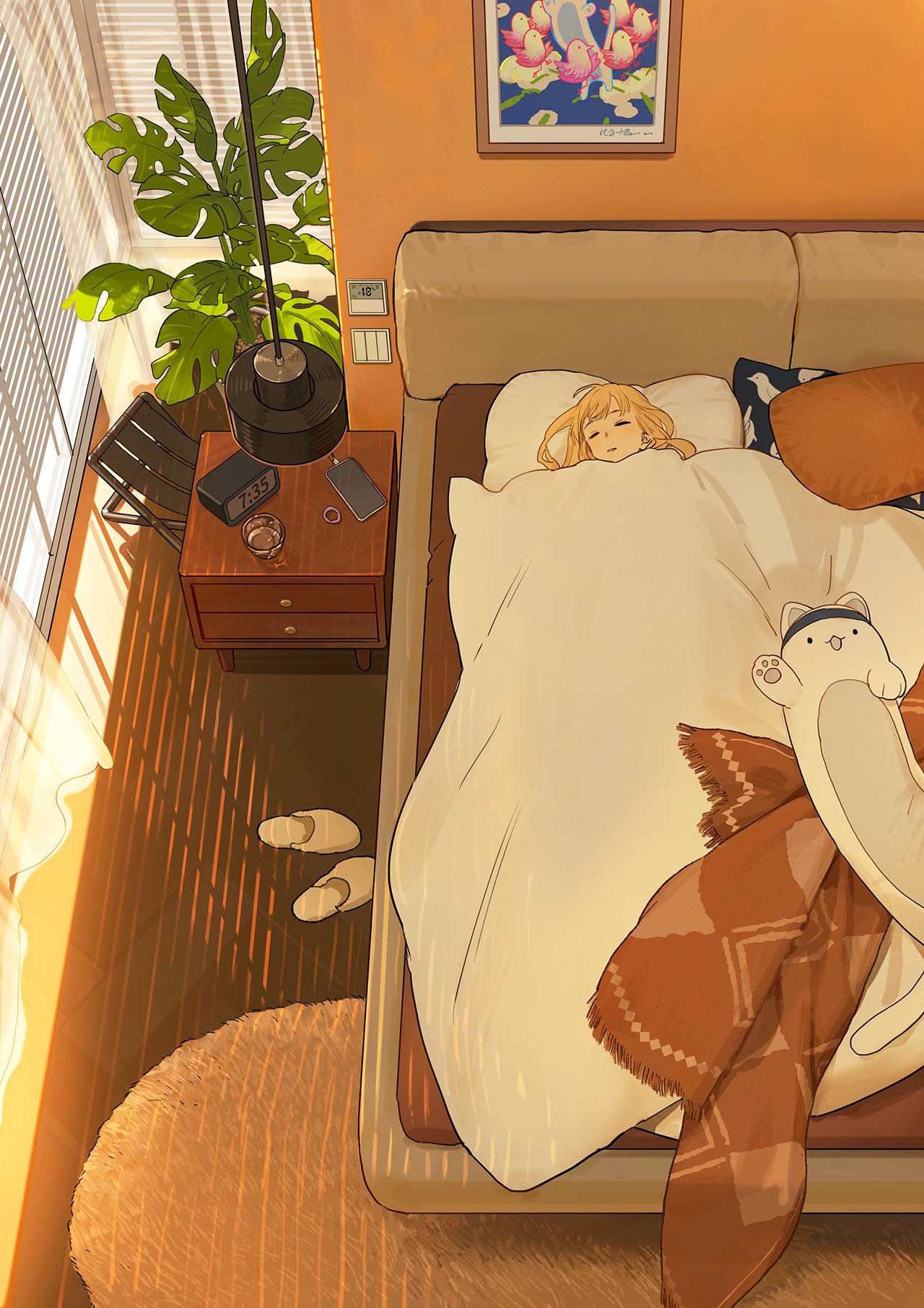 1girl bed blonde_hair commentary dappled_sunlight english_commentary highres long_hair longcat_(meme) meme morning original plant potted_plant sleeping slippers solo stuffed_animal stuffed_cat stuffed_toy sunlight tanjiu unworn_slippers window_shutter