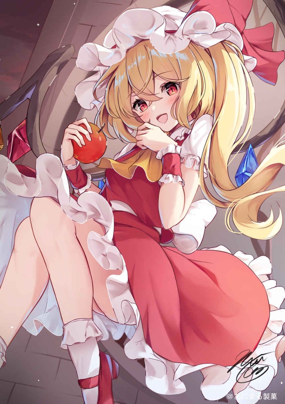 1girl apple ascot ass blonde_hair blush collared_shirt crystal flandre_scarlet food frilled_skirt frilled_sleeves frills fruit hat highres holding holding_food holding_fruit long_hair mob_cap niko_kusa one_side_up open_mouth red_eyes red_skirt red_vest shirt short_sleeves signature skirt smile solo touhou vest white_hat white_shirt wings wrist_cuffs yellow_ascot