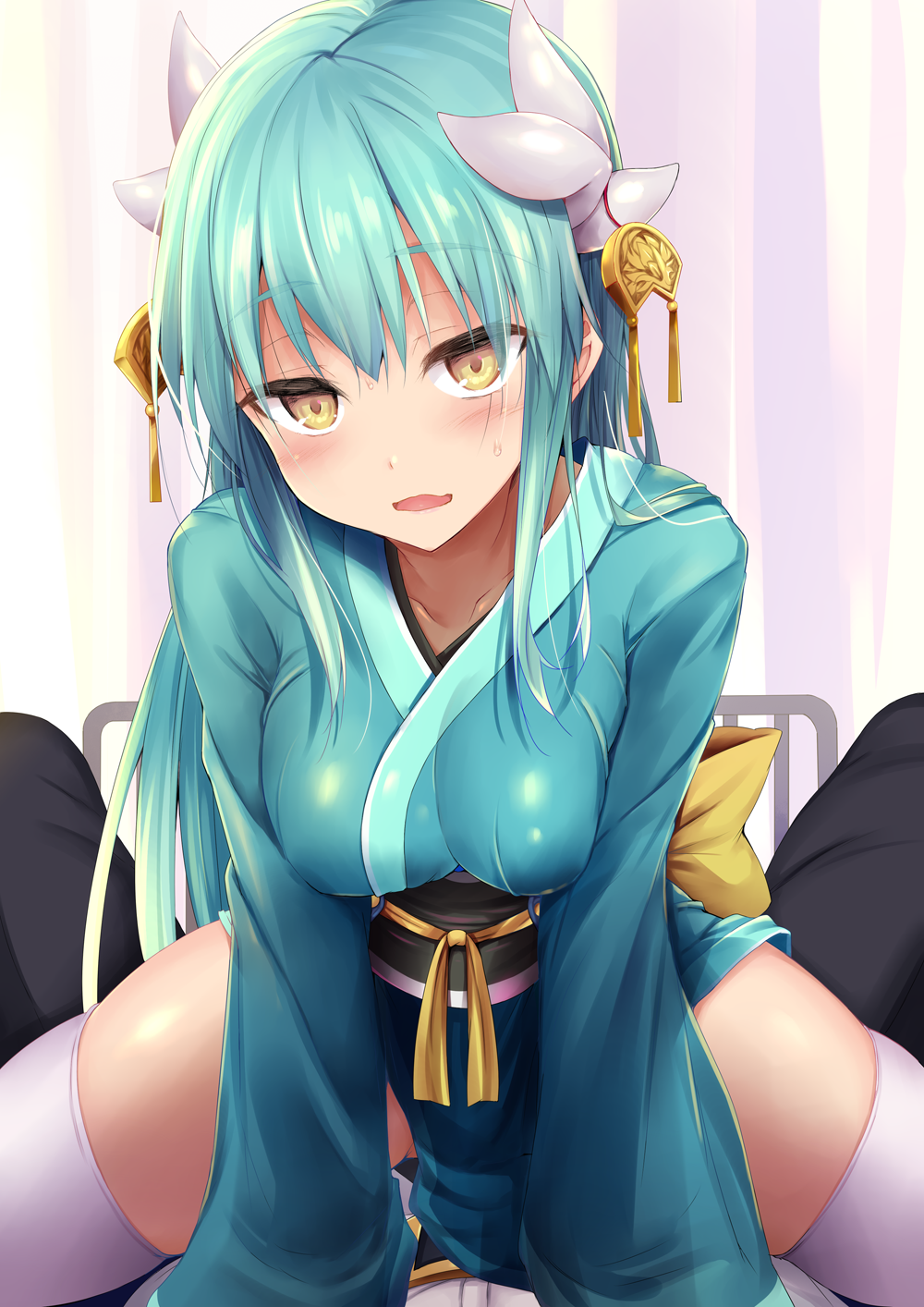 1boy 1girl blush breasts dragon_girl dragon_horns fate/grand_order fate_(series) fujimaru_ritsuka_(male) green_hair green_kimono highres horns japanese_clothes kimono kiyohime_(fate) long_hair long_sleeves looking_at_viewer medium_breasts multiple_horns obi open_mouth sash sen_(astronomy) sitting sitting_on_person smile thighhighs thighs white_thighhighs wide_sleeves yellow_eyes