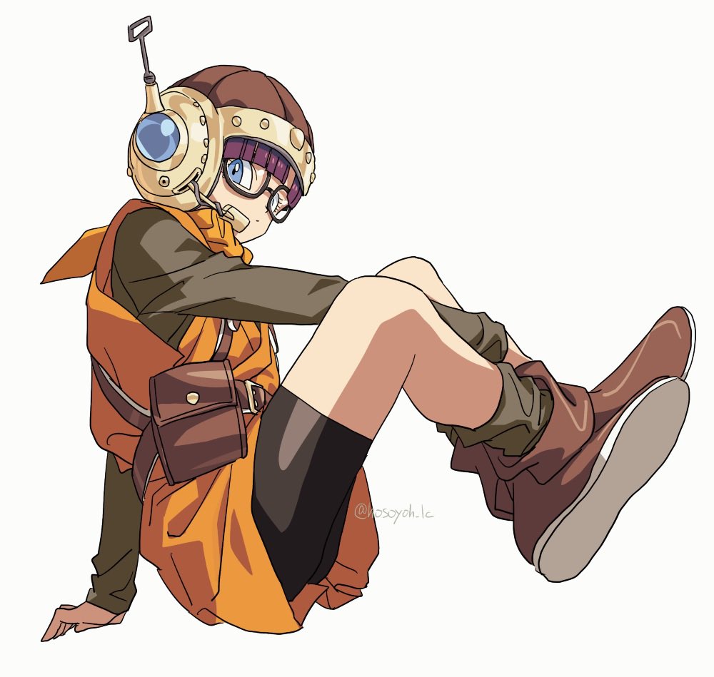 1girl antennae arm_behind_back bike_shorts black_shorts blue_eyes blunt_bangs boots brown_footwear chrono_trigger crossed_ankles full_body glasses grey_shirt grey_socks headset helmet hosodayo long_sleeves looking_at_viewer lucca_ashtear neckerchief orange_neckerchief orange_tunic purple_hair shirt short_hair shorts socks solo white_background