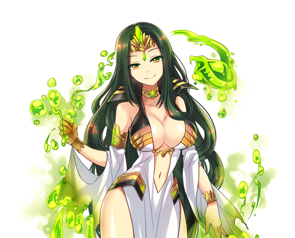 1girl armlet bare_shoulders bracelet breasts circlet closed_mouth cobra_(animal) cowboy_shot detached_sleeves dot_nose dress ellaim_(master_of_eternity) fumes game_cg gem gold_armlet gold_bracelet gold_choker gold_circlet gradient_eyes green_eyes green_gemstone green_hair hand_up head_tilt jewelry large_breasts long_hair looking_at_viewer master_of_eternity multicolored_eyes navel non-web_source official_art orange_eyes pelvic_curtain plunging_neckline poison simple_background smile solo transparent_background very_long_hair white_dress