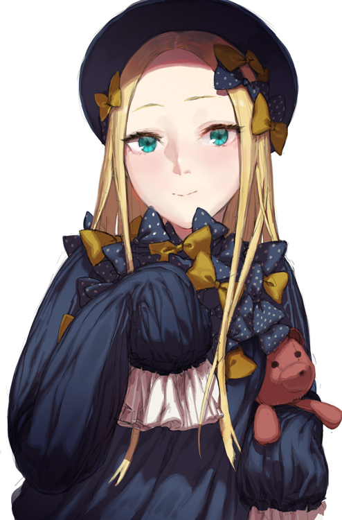 1girl abigail_williams_(fate/grand_order) abigail_williams_(fate/grand_order)_(cosplay) amo_(silent_bomb19) bangs black_bow black_dress black_headwear blonde_hair bow closed_mouth cosplay dress fate/grand_order fate_(series) green_eyes hair_bow hat long_hair long_sleeves looking_at_viewer parted_bangs polka_dot polka_dot_bow simple_background sleeves_past_fingers sleeves_past_wrists smile solo stuffed_animal stuffed_toy teddy_bear too_many_bows white_background yellow_bow