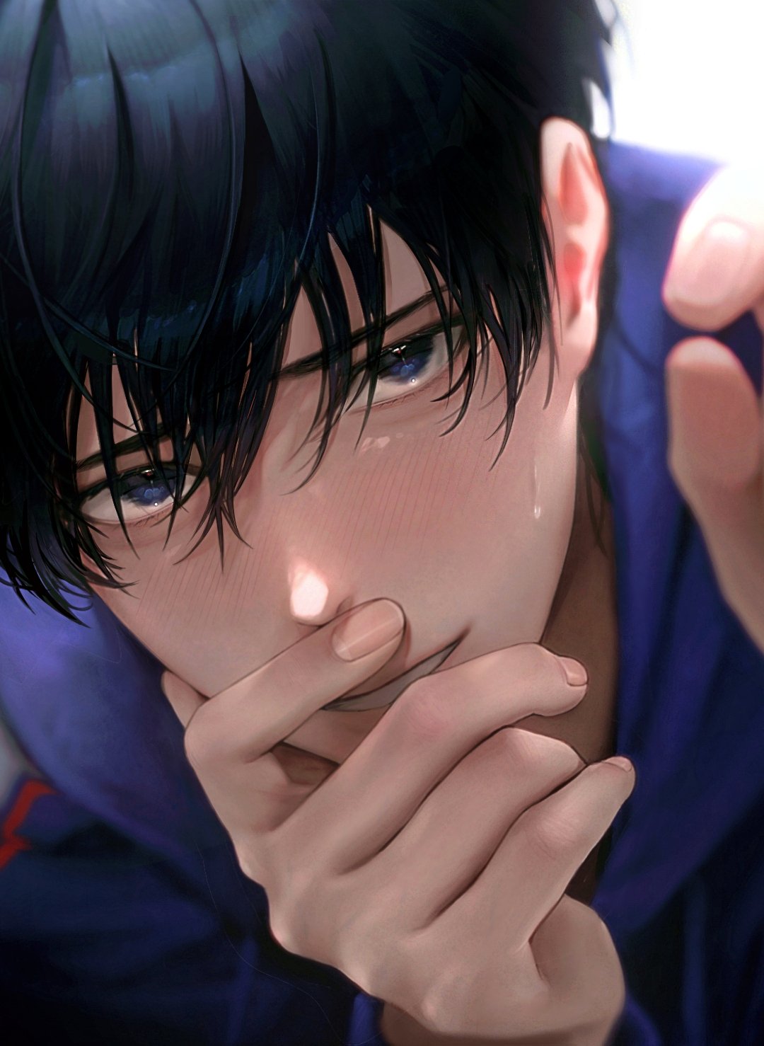 1boy 9u90ng black_hair blue_eyes blue_shirt blush close-up collared_shirt covering_own_mouth female_pov fingernails garbage_time hand_over_own_mouth highres leaning_forward light_smile looking_at_viewer male_focus park_byeongchan parted_lips portrait pov reaching reaching_towards_viewer shirt short_hair shy simple_background solo sweatdrop