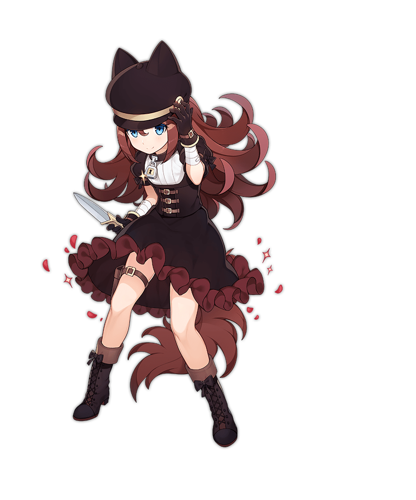 1girl ark_order black_bow black_collar black_corset black_dress black_footwear black_gloves black_hat blue_eyes boots bow brown_hair closed_mouth collar corset dagger dress frilled_dress frills full_body gloves hat hat_with_ears holding holding_dagger holding_knife holding_weapon juliet_sleeves knife lock long_hair long_sleeves looking_at_viewer mtyy official_art peaked_cap puffy_short_sleeves puffy_sleeves shirt short_sleeves solo tachi-e tail transparent_background weapon werewolf_(ark_order) white_shirt wolf_girl wolf_tail