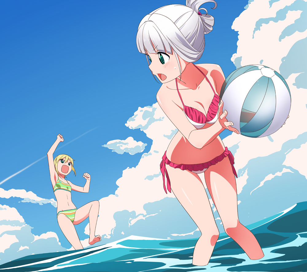2girls arm_up ball beachball bikini blonde_hair blue_sky blush breasts cloud cloudy_sky frilled_bikini frills gotokuayashi green_bikini green_eyes holding holding_ball leg_up looking_back medium_breasts multiple_girls navel ocean open_mouth original outdoors partially_submerged sky small_breasts swimsuit two-tone_bikini white_bikini white_hair