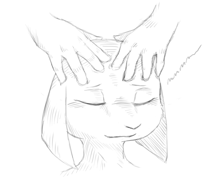 2013 5_fingers ambiguous_gender anthro canid canine digital_drawing_(artwork) digital_media_(artwork) disembodied_hand duo eyebrows eyes_closed female_(lore) fingers floppy_ears fur greyscale head_massage mammal massage monochrome neumono polo simple_background sketch snout snuddisecrets three-quarter_view white_background