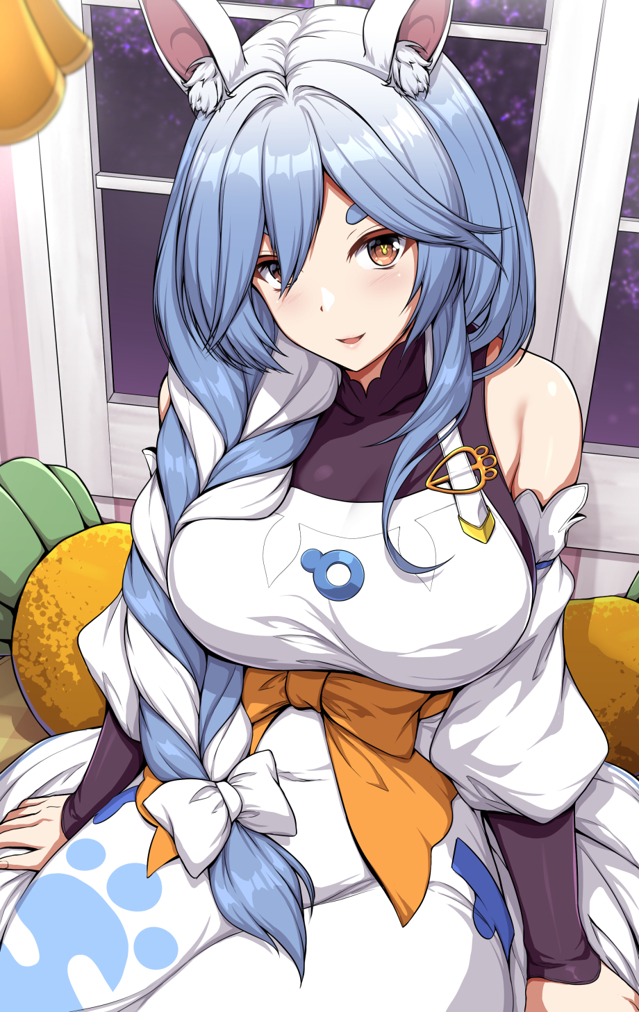 1girl animal_ear_fluff animal_ears apron bare_shoulders black_bodysuit blue_hair blush bodysuit bow braid braided_ponytail breasts carrot-shaped_pillow covered_collarbone detached_sleeves hair_between_eyes hair_bow hair_over_shoulder highres hololive housewife large_breasts long_hair looking_at_viewer low-tied_long_hair mature_female multicolored_hair parted_lips pekomama rabbit-shaped_pupils rabbit_ears rabbit_girl sheita sitting smile solo symbol-shaped_pupils thick_eyebrows virtual_youtuber white_hair white_sleeves window
