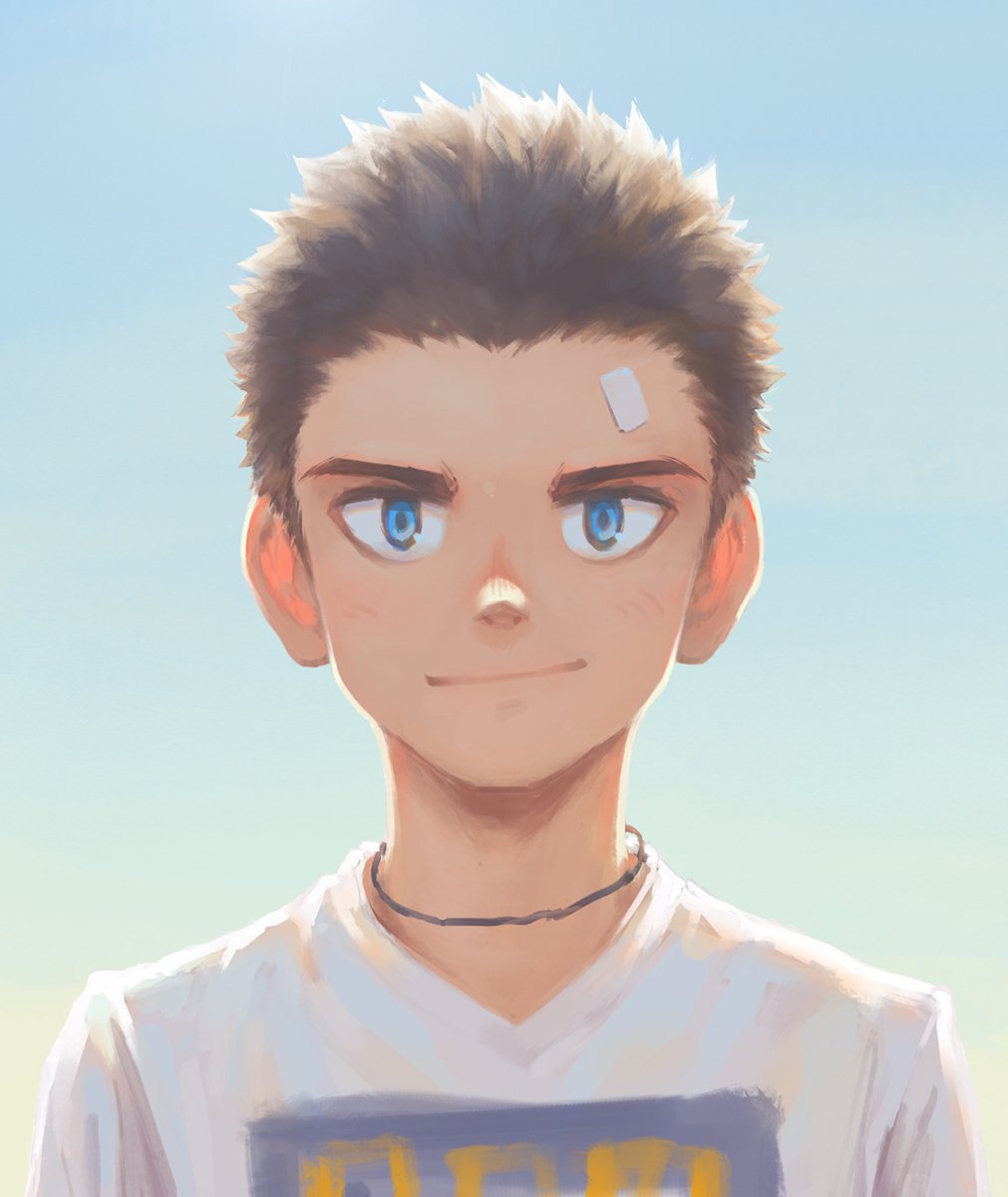 1boy bandaid bandaid_on_face bandaid_on_forehead beitemian blue_background blue_eyes brown_hair closed_mouth facing_viewer gradient_background highres jewelry light light_smile looking_at_viewer male_focus necklace original shirt short_hair solo white_shirt