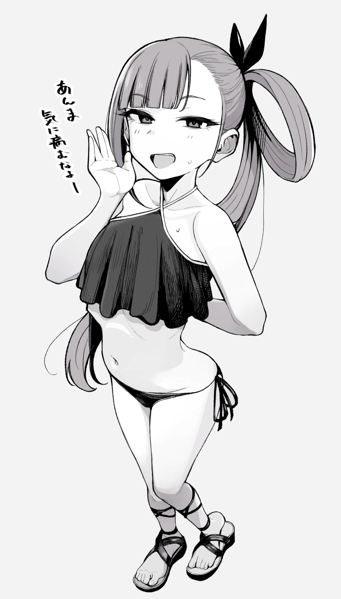 1girl arm_behind_back asymmetrical_bangs bikini frilled_bikini frills full_body greyscale hair_rings hand_up highres irogomi koga_(nue_no_onmyouji) long_hair looking_at_viewer monochrome navel nue_no_onmyouji open_mouth sandals side-tie_bikini_bottom side_ponytail simple_background solo standing swimsuit translation_request