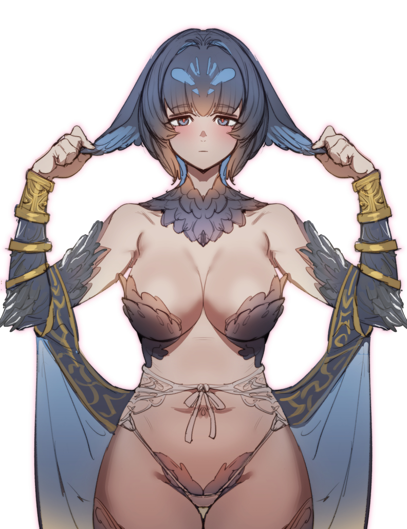1girl bikini blue_eyes blue_hair bow_(bhp) breasts cleavage closed_mouth commentary_request copyright_request large_breasts looking_at_viewer navel red_pupils short_hair simple_background solo swimsuit thighs white_background
