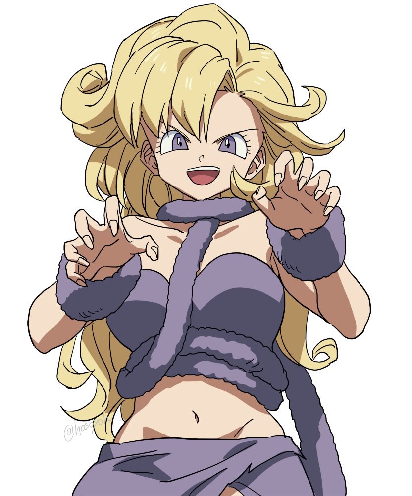 1girl asymmetrical_hair ayla_(chrono_trigger) bare_shoulders blonde_hair breasts cavewoman chrono_trigger claw_pose collarbone crop_top curly_hair fingernails fur_scarf fur_shirt fur_skirt fur_wrist_cuffs grey_eyes grey_scarf grey_shirt grey_skirt grey_wristband hair_between_eyes hosodayo long_hair looking_at_viewer medium_breasts midriff navel open_mouth scarf sharp_fingernails shirt skirt smile solo strapless tube_top twitter_username upper_body v-shaped_eyebrows white_background