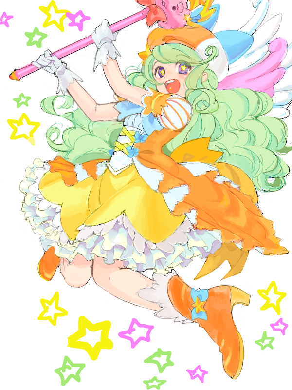 1girl :d bad_drawr_id bad_id boots character_request copyright_request curly_hair dress floating frilled_dress frills full_body gloves green_hair hat high_heel_boots high_heels holding holding_wand long_hair looking_at_viewer magical_girl oekaki open_mouth orange_dress orange_footwear orange_hat pego_(peco_peco) puffy_short_sleeves puffy_sleeves purple_eyes short_sleeves smile solo star-shaped_pupils star_(symbol) symbol-shaped_pupils teeth two-tone_dress two-tone_hat upper_teeth_only wand white_background white_gloves white_hat wings yellow_dress