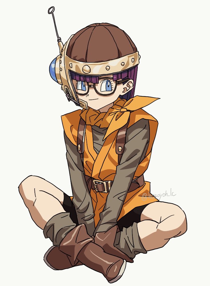 1girl antennae belt belt_buckle bike_shorts black_shorts blue_eyes blunt_bangs boots brown_belt brown_footwear buckle chrono_trigger closed_mouth flower full_body glasses grey_shirt grey_socks headset helmet hosodayo indian_style long_sleeves looking_to_the_side lucca_ashtear neckerchief orange_flower orange_neckerchief orange_tulip purple_hair shirt short_hair shorts sitting smile socks solo tulip twitter_username v_arms