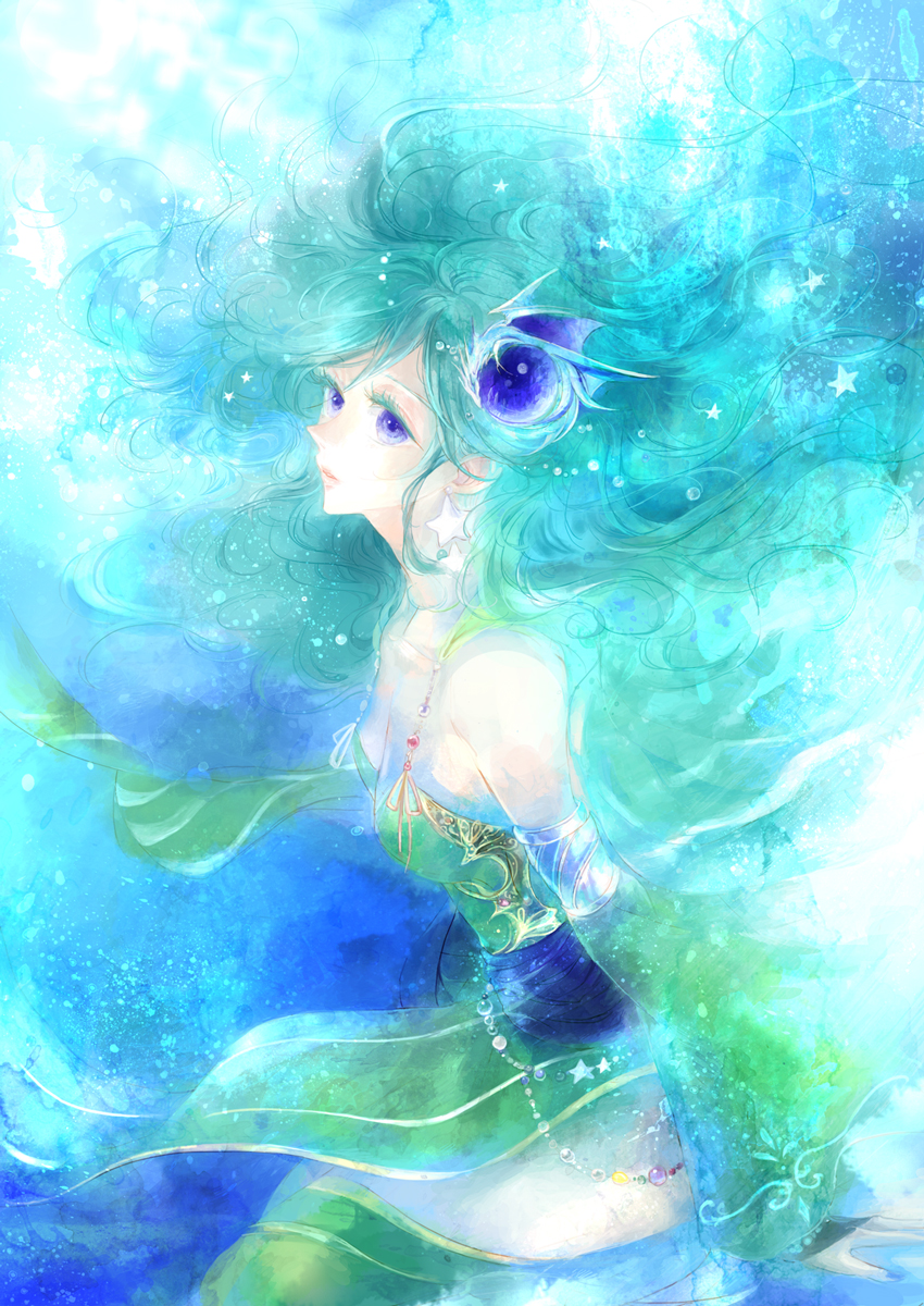 1girl breasts cleavage closed_mouth commentary_request detached_sleeves earrings final_fantasy final_fantasy_iv green_hair hair_ornament highres jewelry kuzumosu long_hair older rydia solo thighhighs