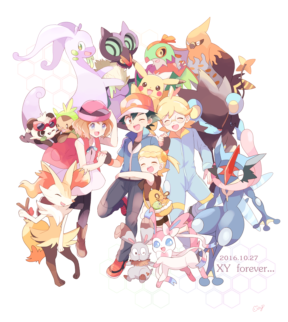 2boys 2girls ^_^ baseball_cap black_gloves black_pants blonde_hair blue_eyes braixen brown_eyes bunnelby chespin citron_(pokemon) claws closed_eyes creature dated dedenne english_text eureka_(pokemon) fingerless_gloves flat_chest gen_1_pokemon gen_4_pokemon gen_6_pokemon glasses gloves goodra green_eyes greninja happy hat hawlucha hug luxray mei_(maysroom) multiple_boys multiple_girls noivern one_eye_closed pancham pants pikachu pink_headwear pokemon pokemon_(anime) pokemon_(creature) pokemon_on_head pokemon_xy_(anime) red_footwear red_headwear satoshi_(pokemon) serena_(pokemon) shoes simple_background sylveon talonflame white_background zygarde_cell