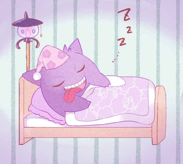 bed blanket closed_eyes creature full_body gen_1_pokemon gen_5_pokemon gengar lampent mei_(maysroom) no_humans onomatopoeia pillow pokemon pokemon_(creature) sleeping striped striped_background tongue tongue_out vertical-striped_background vertical_stripes zzz